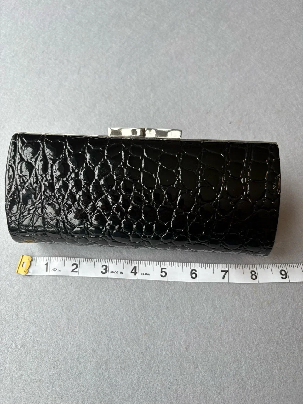 La Regale Black Patent Croc-Embossed Chain Optional Strap Clutch Evening Bag